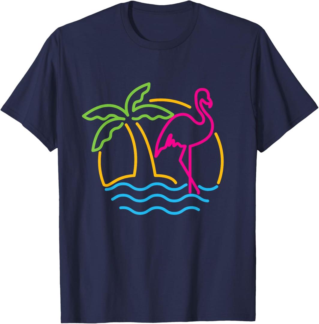 80s Vintage Miami Retro Neon Pink Flamingo T-Shirt Small