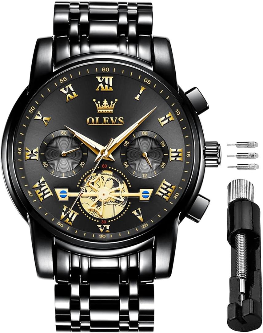 OLEVS Men's Waterproof Watches Stainless Steel Waterproof Chronograph Wrist Watches Luxury Dress White Luminous Big Face Analog Quartz Male Watches (2859Full Black)