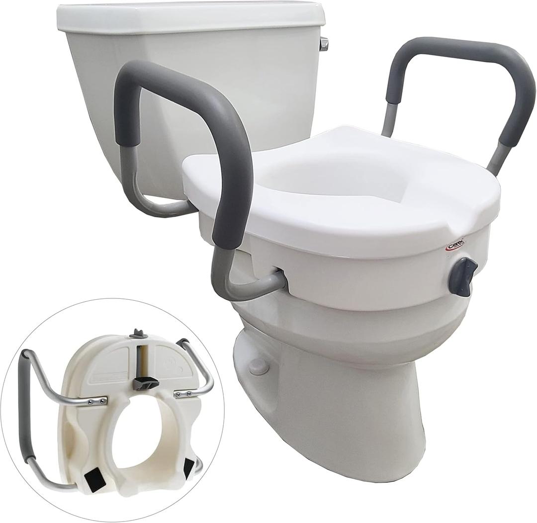 Carex E-Z Lock Toilet Seat and Safety Frame Combo Pack, 5-Inch Height Lift Seat Riser for Elderly and Handicap, Commode Chair For Elderly - Fits and Locks to Round or Elongated Toilets