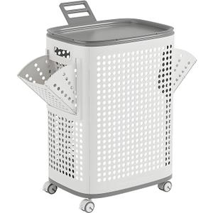 WESAPPINC Rolling Laundry Hamper with Lid, 70L Perforated Plastic Basket with Wheels, Storage Bin with Handle, White (LARGE 70L)