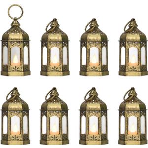 8Pcs 5-inch Mini Lanterns Centerpieces for Table, Baby Shower Decorations, Vintage Small Lantern for Halloween Decorations, Party Lights for Enchanted Forest Decorations, Wedding Decor, Brushed Brass