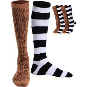2 Pair Pirate Costume Accessories Wood Grain Pattern and Stripes Peg Leg Socks for Adults Halloween Cosplay Party (Brown,white.black)