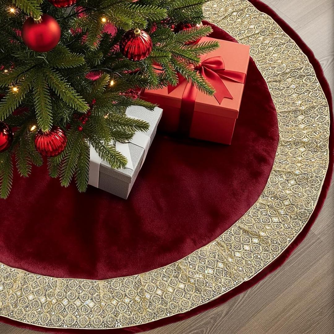 Christmas Tree Skirt 48 inches, Luxury Red Velvet Tree Skirt with Gold Glitter Trim, Premium Thick Xmas Tree Skirts Vintage Christmas Tree Decorations for Home Party Holiday Decor