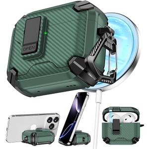 Pohgelan Compatible with AirPods 4th Case,Magnetic Automatic Lock with Phone Stand & Cleaning Kit,Compatible with Magsafe,Carbon Fiber Texture Cover Green