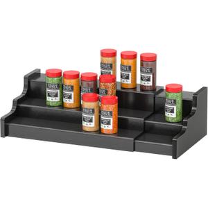 Spice Rack Organizer For Cabinet - 3 Tier Black Bamboo Wooden Expandable Display Shelf from 12.70 to 22.20 inch