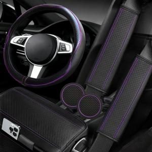 NBTEPEM 6 PCS Car Steering Wheel Cover Set, Microfiber Leather Steering Wheel Covers Universal 14.5-15 inch, Center Console Cover, Seat Belt Cushion, Cup Holder Coaster, Car Accessories Set Purple