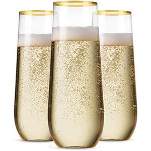 Munfix 36 Pack Stemless Plastic Champagne Flutes Disposable 9 Oz Gold Rim Clear Plastic Toasting Glasses Shatterproof Recyclable and BPA-Free