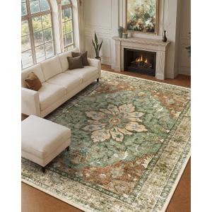 Area Rugs 9'x12' Washable Non-Slip, Floral Vintage Distress Print Pattern Medallion Carpet for Living Room Bedroom Dining Room, Brick Red Rust Neutral Brown Burnt Orange Green