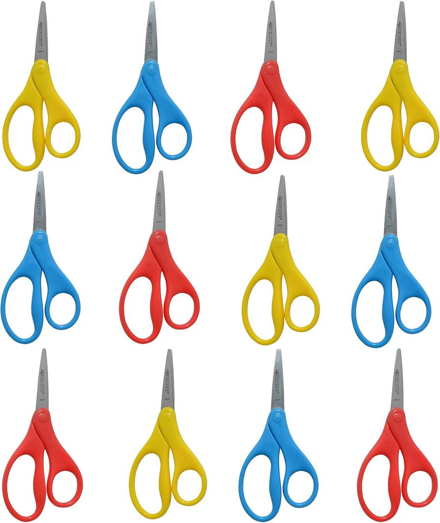Westcott Kids Scissors 5", Pointed, 12-Pack, (4 Yellow, 4 Red, 4 Blue)
