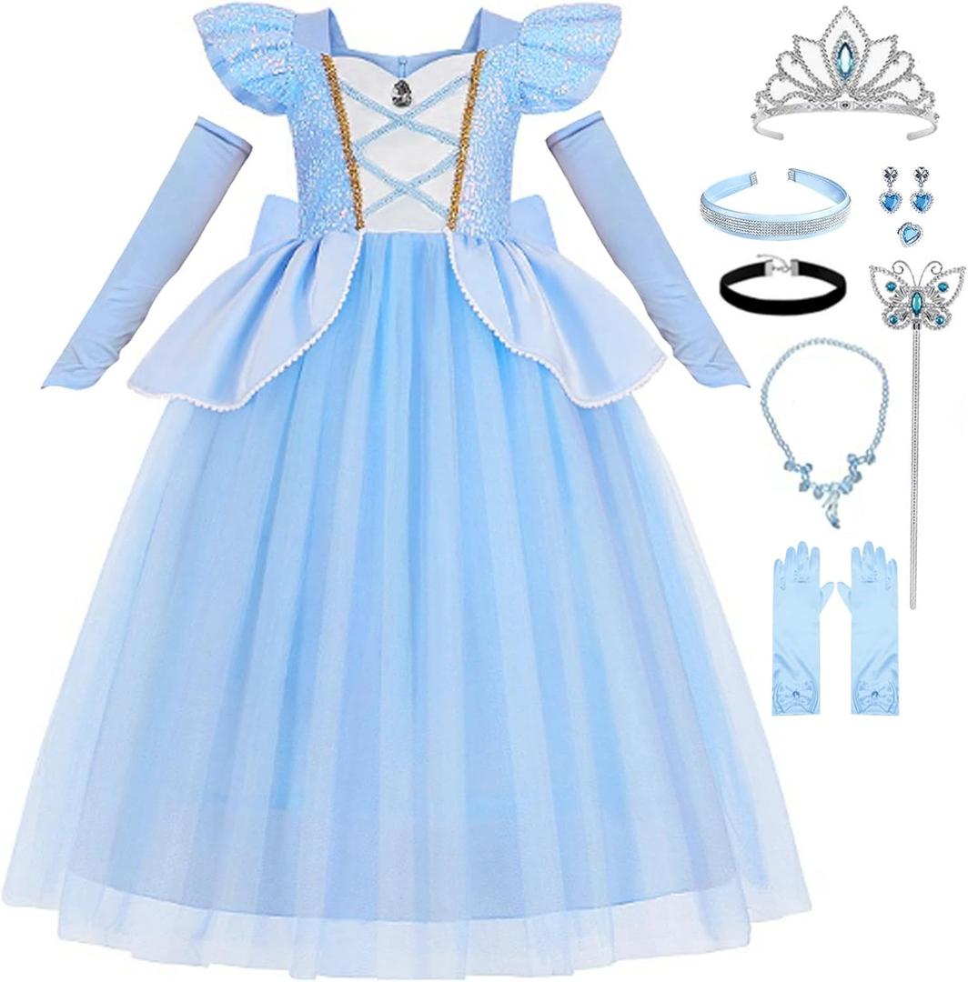 Cinderella Costume for Girls Kids Blue Princess Dress with Accessories Halloween Birthday Party Outfits (7-8Y)