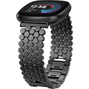 Minyee Metal Bands Compatible with Fitbit Sense 2/Versa 4/Versa 3/Sense Bands Women, Dressy Stainless Steel Chain Honeycomb Designer Luxury Chic Link Bracelet Wristband Replacement Strap for Versa 4 (Black)