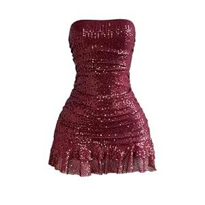 SOLY HUX Women's Sparkly Sequin Strapless Dresses Ruffle Mini Party Dress Cocktail Gowns Pure Burgundy Large