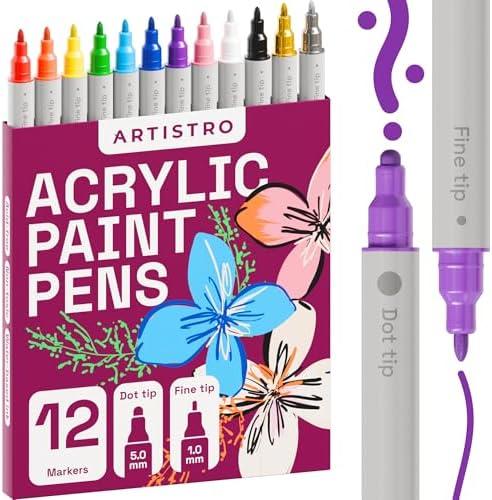 ARTISTRO 12 Dual Tip Acrylic Paint Markers, Acrylic Paint Pens, Fabric Markers for Textile, Rock, Glass, Wood, Paper, Ceramic, Canvas DIY Art Supplies Kit for Kids and Adults (Dual Tip Dot + Fine, 12)