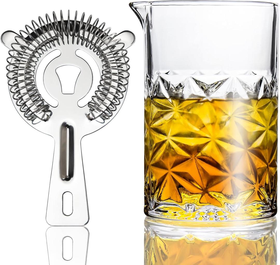 Cocktail Mixing Glass with Strainer Set, 24 oz Crystal Stirring Glass with 304 Stainless Steel Strainer, Elegant and Professional Barware Tools, Bartender Gifts for Men, Housewarming Gift