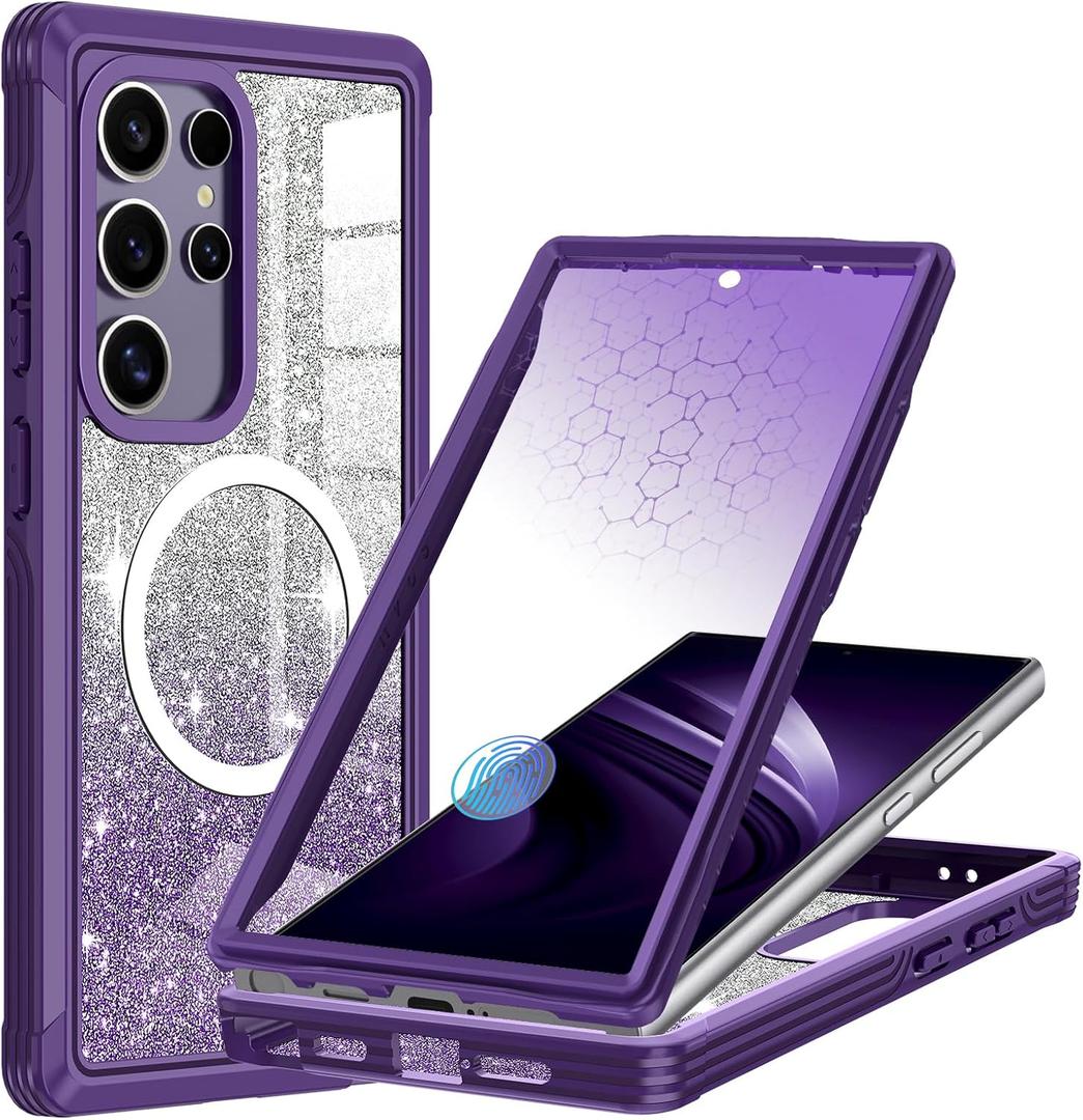 for Galaxy S24 Ultra Case,Compatible with MagSafe,Magnetic Glitter Case Built-in 9H Tempered Glass Screen Protector,Shockproof Protective Case for Samsung Galaxy S24 Ultra,All Purple