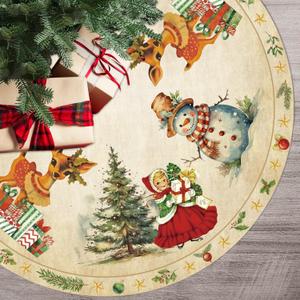 Vintage Christmas Decor Tree Skirt 48 Inch Retro Sika Deer Xmas Decorations Tree Mat Vintage Style for Indoor Outdoor Merry Christmas Party Supplies Decor