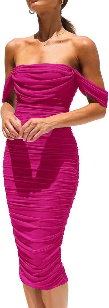 PRETTYGARDEN Summer Wedding Guest Dresses for Women 2026 Off the Shoulder Ruched Bodycon Spring Midi Cocktail Party Dress (Pink, M)