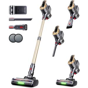 RENDOW Cordless Vacuum Cleaner, 65Mins 550W 45Kpa Stick Vacuum, Self-Standing Vacuum Cleaners for Home with LED Display, Anti-Tangle Rechargeable Vacuum Cordless for Pet Hair/Carpet/Hard Floor (Gold)