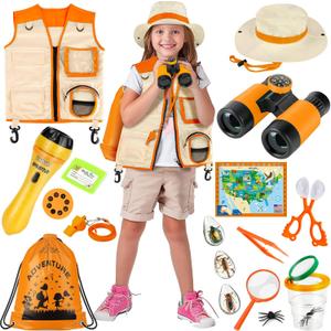 Kids Explorer Kit & Bug Catcher Kit for Kids, 15 PCS Explorer Kit with Kids Safari Vest, Flashlight Projector, Insect Specimens, Binoculars, Outdoor Exploration Camping Toy for Kids Age 3-8