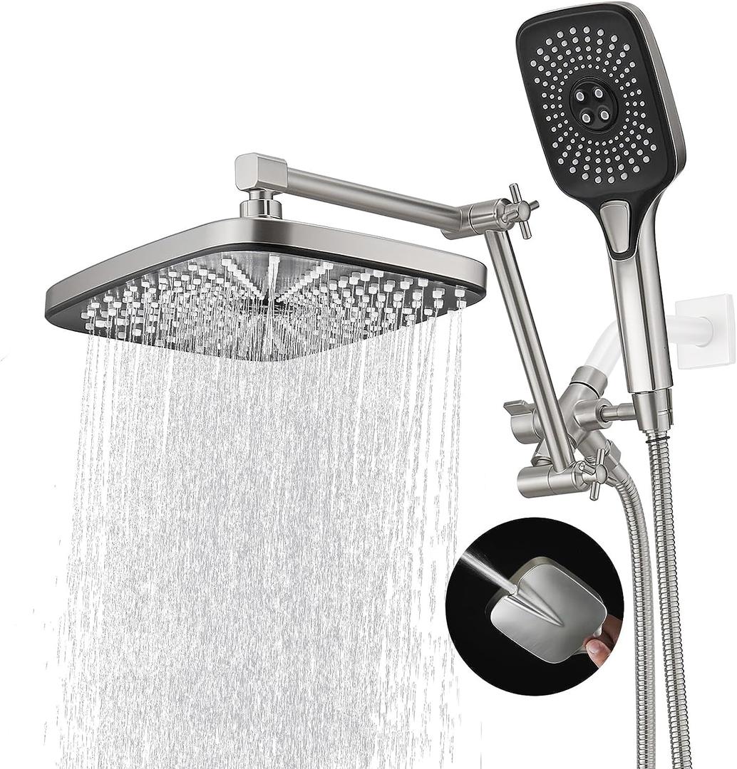 Rain Shower Head with Handheld Spray Combo, 12 Inch Rainfall Shower Heads with Adjustable Extention Arm, High Pressure Showerhead with 3-Way Diverter - Height/Angle Adjustable(Brushed Nickel)