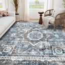 Machine Washable Rug 4' x 6' Vintage Design Area Rugs with Non Slip Rugs for Living Room Bedroom Carpet Stain Resistant, Home Decor Office Boho Rug, Navy Blue