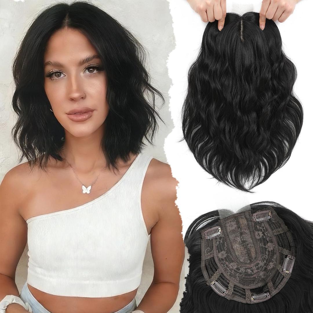 UDU Short Wavy Hair Topper for Women with Thinning Hair, 11 Inch Natural Looking Hairpiece, Volume Booster Wiglet for White HairRoots Coverage, Heat Resistant Synthetic Topper for Women (1B#)