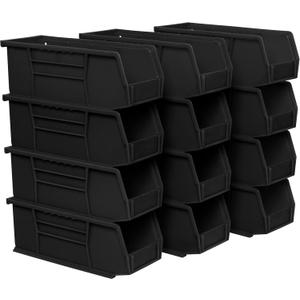 Akro-Mils 30224 AkroBins Plastic Storage Bins, Space-Saving Stackable Bins for Garage, Pantry, Craft Organization, 11" L x 4" W x 4" H, Black, 12-Pack