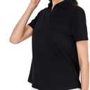 Women's V-Neck Ruffle Design Polo Shirts Short Sleeve Collared Loose Casual Tunic Blouses with Pocket (Black, L)