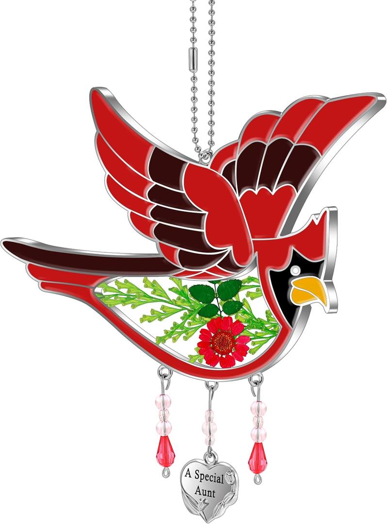 KY&BOSAM Cardinal Suncatcher Had-Painted Staine Glass for Windows Hangings Wind Chimes Pressed Real Flower Wings Glass with Metal Heart Charm Birthday Gifts for Women Mother's Day(A Special Aunt)