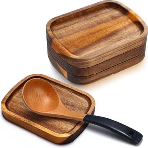 Honeydak 4 Pcs Acacia Wood Spoon Rest for Stove Top Handmade Smooth Wooden Kitchen Spoon Holder for Ladles Tong Cooking Accessories Housewarming Gifts, 5.9" x 4.5"