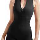 SUUKSESS Women Zip Up Sexy Rompers Ribbed Seamless Padded Workout Romper (Black, L)