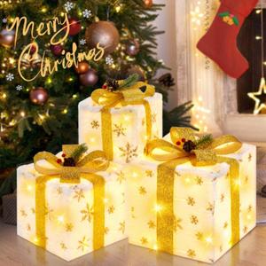 Set of 3 Christmas Lighted Gift Boxes, Plush Pre-lit 70 LED Light Up Present Boxes with Gold Snowflake, Battery Operated Christmas Decorations for Indoor Home, Housen Solutions