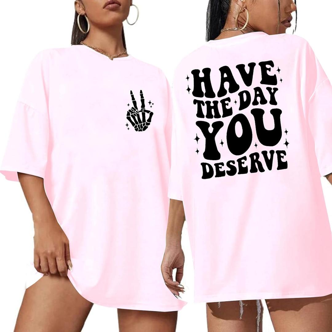 ASTANFY Oversized Tshirts for Women: Deserve Day Shirt Funny Skeleton Shirts Casual Oversized Graphic Tees Tops (X-Large, Pink)