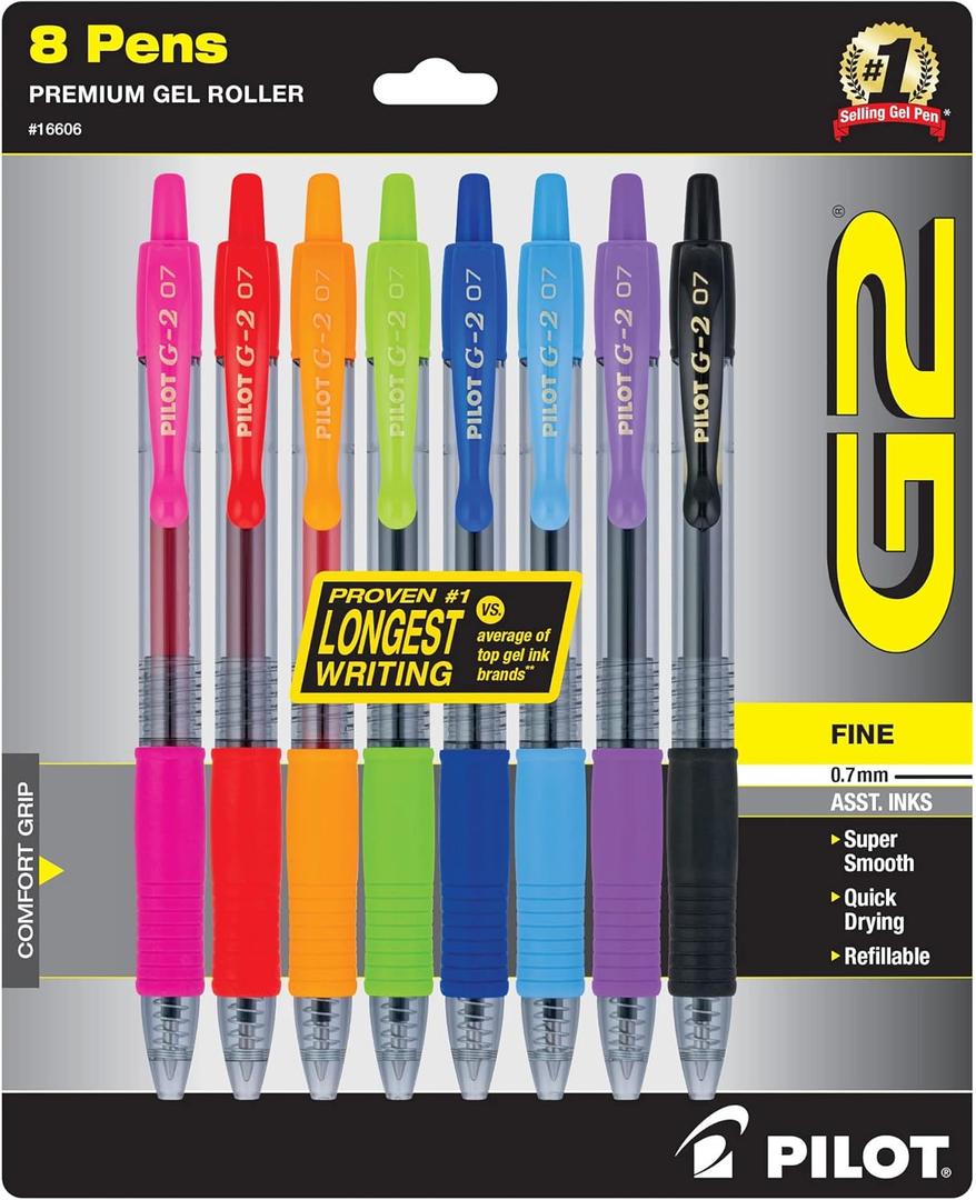 Pilot G2 Premium Refillable And Retractable Gel Ink Pens, Fine Point (0.7mm), 8 Colors, 8 Count (16606) (Assorted Classic)