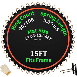 Trampoline Mat Replacement-Fits 15ft Trampline Frame with 96/108 Rings for Choose,Fits 5.3"-8.5" Springs, Mat Diameter 13.05ft-13.56ft,Spring and Frame not Included