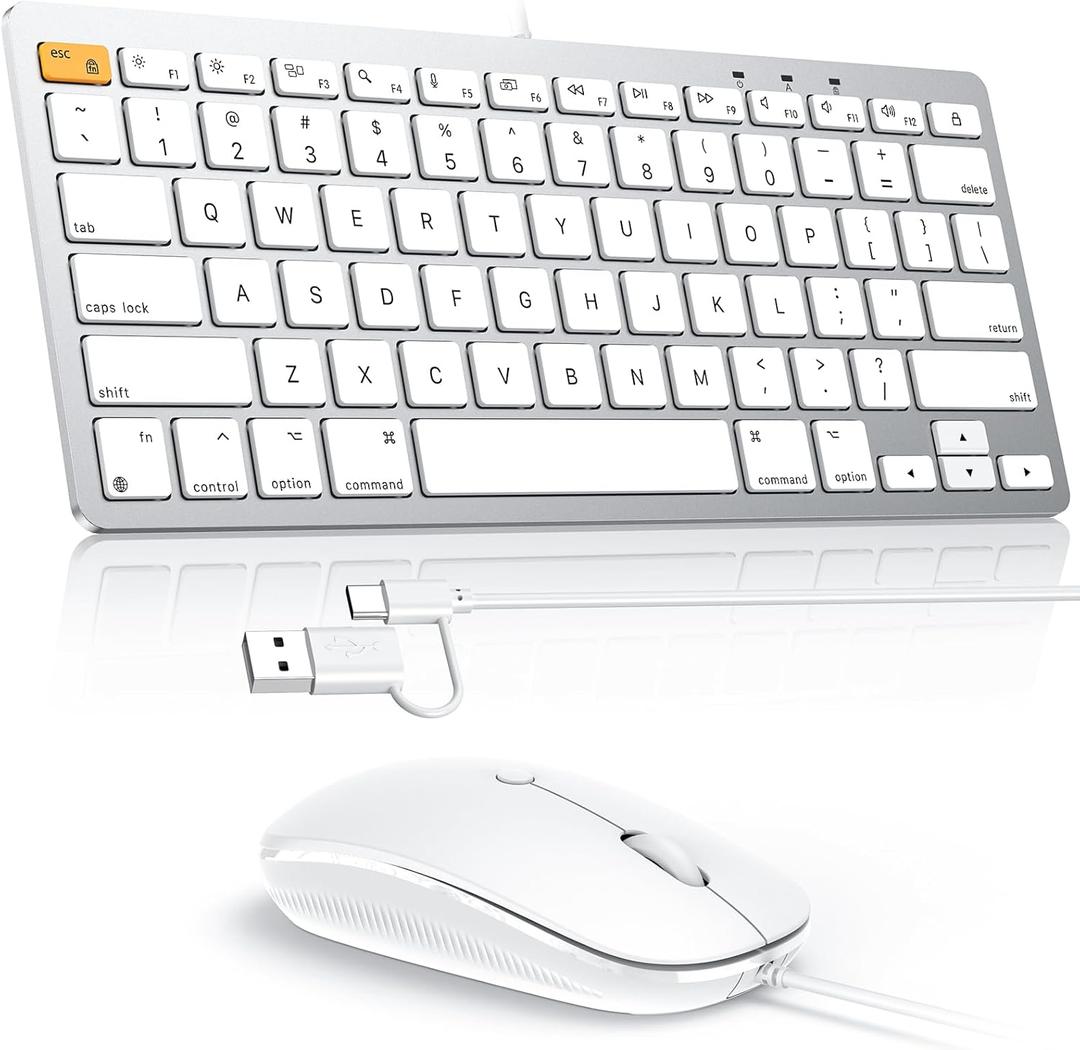 OMOTON Wired Keyboard and Mouse for Mac, iMac, MacBook, Portable Size Design, Plug and Play Keyboard with Dual Interface (Type-C & USB A), Mouse with USB A Interface ONLY, White