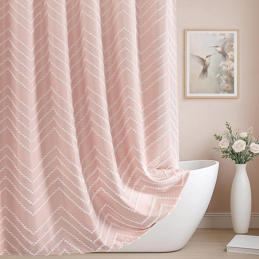Long Blush Pink Boho Shower Curtain Cute Shower Curtain Textured Tufted Chevron Striped Minimalist 72 x 78 Bathroom Shower Curtains