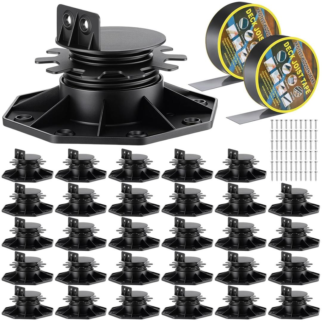 Timtin 30 Pack Adjustable Deck Support Pedestals, 1-3/16" to 2-3/8" Height Range, Outdoor Deck Foundation Bases with Joist Tape and Screws for Patio Floor Garden Leveling (Classic)