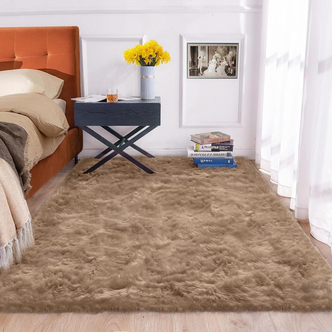 ORINOVA Beige 5x7 Area Rug Washable Shaggy Faux Sheepskin Fluffy Fur Rug for Bedroom Living Room Nursery Rug Teen Room Home Dcor
