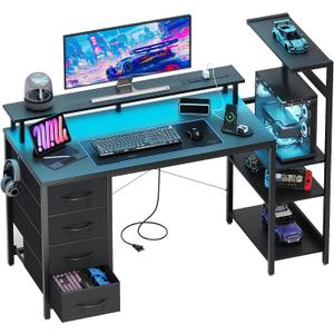 51 Inch Gaming Desk with LED Lights and Power Outlets, Computer Desk with Storage Shelves, Fabric Drawers, Monitor Stand & Side Hook, Reversible Gamer Table for Home Office, Carbon Fiber Black
