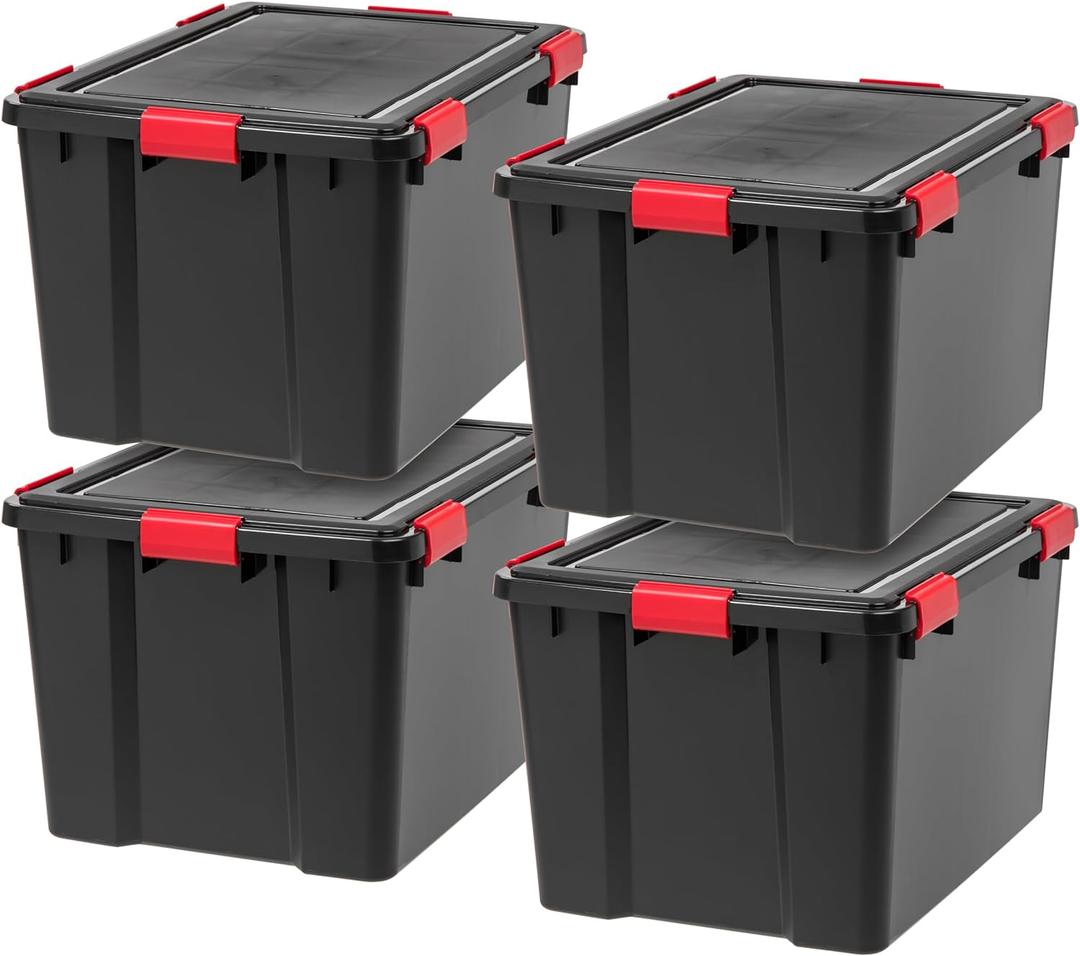 IRIS USA WeatherPro 74 Qt Storage Bins with Lids, 4 Pack, BPA-Free Plastic Gasket Box with Tight Latch and Seal, Stackable Nestable Tote Tub - Black/Red