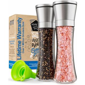 Home EC Premium Stainless Steel Sea Salt and Pepper Grinder Set of 2 - Adjustable Ceramic - Tall Glass Salt and Pepper Shakers - Kitchen Spice Mill W/Funnel & EBook, Clear Glass, 2pk