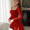 YMDUCH Women's Sexy Square Neck Long Sleeve Mini Party Dress (Red, XL)