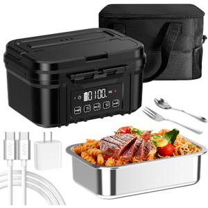 Cordless Electric Lunch Box for Adults  Battery-Powered Heated Lunch Box with 1.2L Stainless Steel Container, Timer Function, and Leak-Proof Food Warmer for Work, Travel & Office (Black)