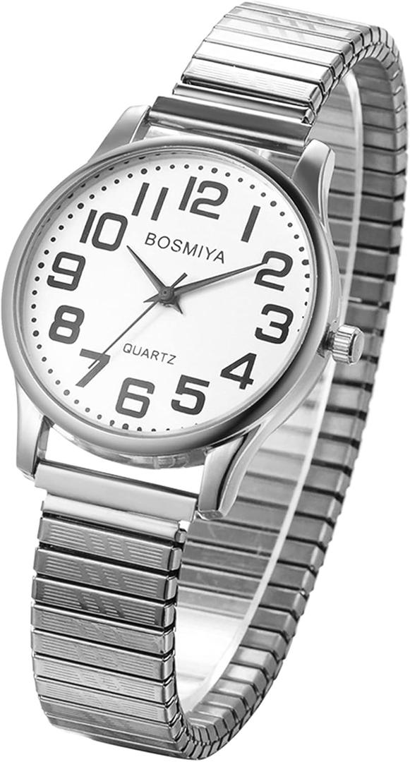 JewelryWe Mens Big Dial Easy Reader Round Quartz Watch Gold/Silver Tone Elastic Band Wristwatch