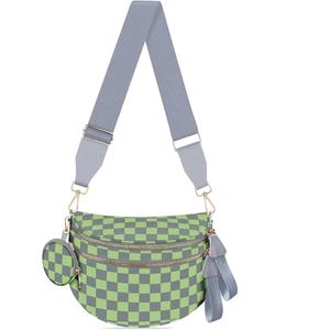 Bum Bags for Women Checkered Crossbody Bag with Removable Wallets Large Nylon Belt Purse Fanny Packs, Gray and Green Checkered