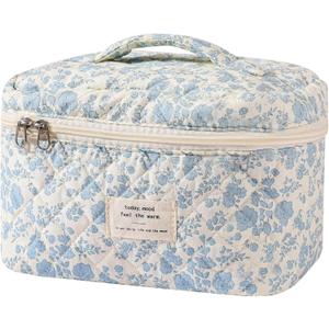 Gosect Large Makeup Bag, Cute Cosmetic Bag for Women Girls, Floral Coquette Aesthetic Toiletry Bag, Travel Make Up Organizer Bag (BDLH) (08Blue Flower)