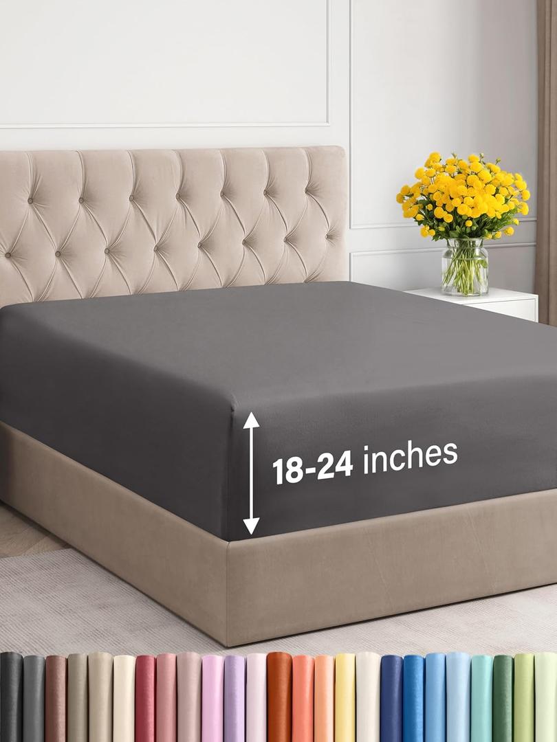 Extra Deep Queen Fitted Sheet - Hotel Luxury Single Fitted Sheet Only - Easily Fits 18 inch to 24 inch Mattress - Ultra Soft, Wrinkle & Fade Free w/Extra Deep Pockets - Breathable & Comfy - Dark Grey (07 - Dark Grey)