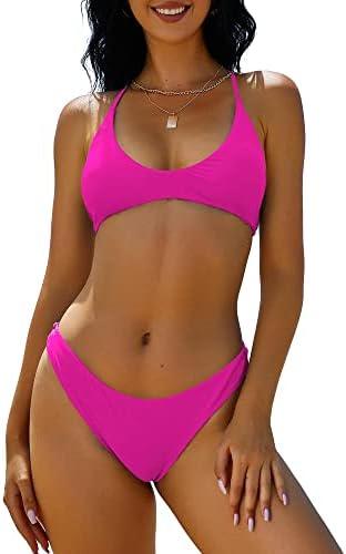 ZAFUL Women's Tie Back Padded High Cut Bralette Bikini Set Two Piece Swimsuit M