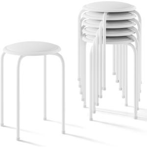 VECELO 6-Piece Stacking Stools, 17 Inch Standard Height, Padded Seat & Steel Legs, Portable Stackable Decoration Stools for School Classroom and Office Use, White